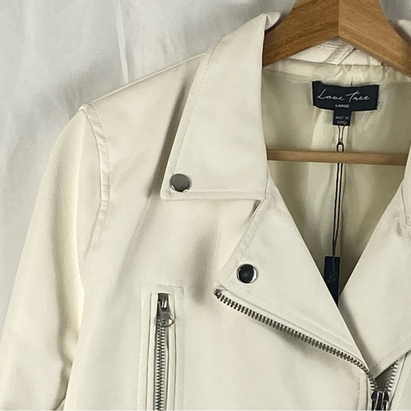 Love Tree White Vegan Leather Moto Zipper Jacket Size Large - Picture 2 of 16